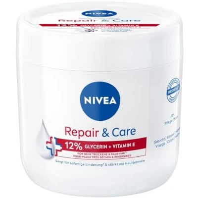 Abbildung von NIVEA Repair &amp; Care Creme, feuchtigkeitsspendende nicht fettende Körpercreme, schnell einziehende Lotion mit Vitamin E Glycerin, für sehr trockene raue Haut (400 ml)