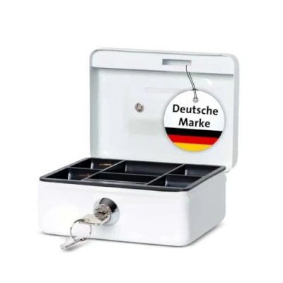 Abbildung von MAUL Geldkassette aus Stahl 12,5x9,5x6,1cm Kasse mit Münzeinwurfschlitz abschließbar und tragbar geeignet als Spardose, Kaffeekasse, Sparkasse, Trinkgeldkasse Weiß