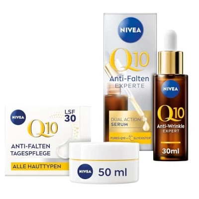 Abbildung von NIVEA Q10 Anti Falten Gesichtspflege Set mit Tagescreme und Kreatin straffenden Serum Glykationstechnologie, mildert beugt vor