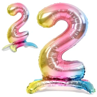 Abbildung von Luftballon 2. Geburtstag Zahl 2 Mehrfarbig Pastell Stehende XXL Riesen Folienballon 82cm Geburtstagsdeko Ballon Deko zum Geburtstag.