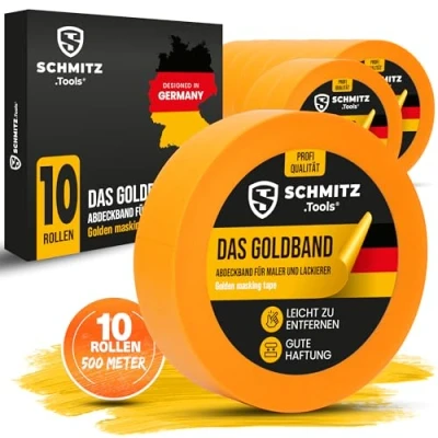 Abbildung von SCHMITZ.Tools Goldband Abklebeband Maler Profi (30mm x 50m) 10x Malerklebeband für Malerarbeiten und Renovierungen Abdeckband Klebeband zum Streichen, Lackieren Malerband 30mm