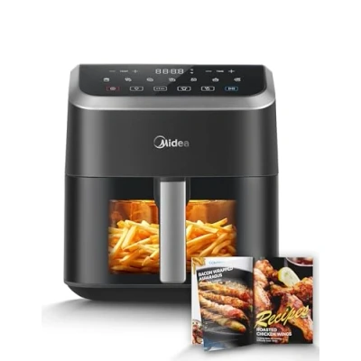 Abbildung von Midea Heißluftfritteuse 5L Fassungsvermögen, HeatXpress Technologie 90% weniger Öl, Energie und Zeitersparnis mit 7 Voreinstellungen, Easy View Fenster &amp; Licht, Antihaft, Schwarz