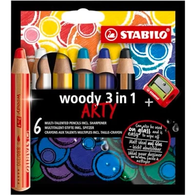 Abbildung von Buntstift, Wasserfarbe und Wachsmalkreide STABILO woody 3 in 1 ARTY 6er Pack mit 6 verschiedenen Farben Spitzer