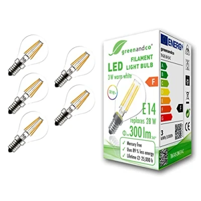 Abbildung von 5x greenandco® CRI90+ Glühfaden LED Lampe klar ersetzt 28 Watt E14 G45 Globe, 3W 300 Lumen 2700K warmweiß Filament Fadenlampe 360 230V AC nicht dimmbar flimmerfrei 2 Jahre Garantie