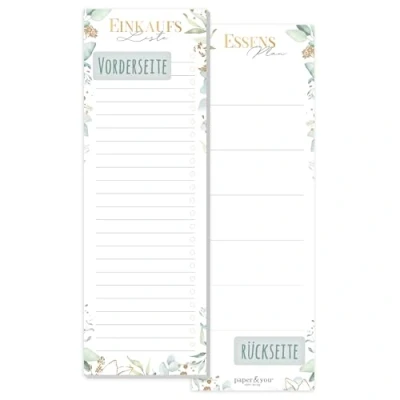 Abbildung von paper&amp;you® Einkaufsliste Block [Blattgold] inkl. Magnet, 50 Blatt im Hochformat Einkaufszettel Notizblock Essensplaner auf der Rückseite nachhaltig &amp; klimafreundlich