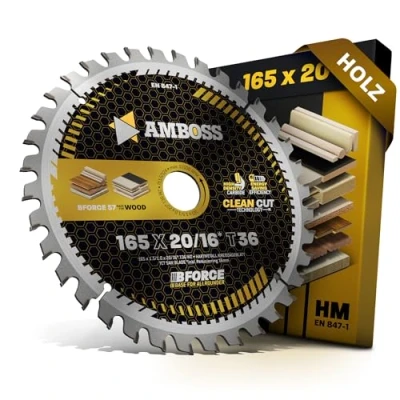 Abbildung von HM Kreissägeblatt 165x20 16 Z36 Wechselzahn für Akku Holz Feinschnitt. AMBOSS WERKZEUGE® Sägeblatt 165mm +Reduzierring 20mm. 165x16 komp. zu Bosch GKS 18v 57g. GKT 55 GCE Makita SP6000