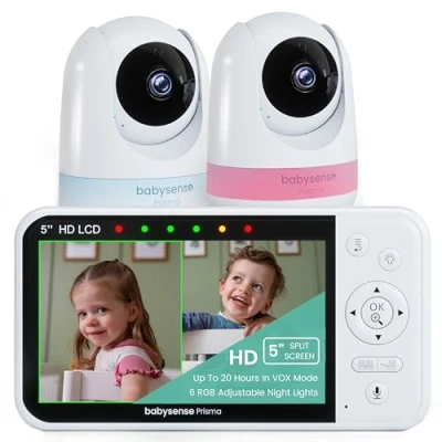Abbildung von Babysense Prisma 5&quot; HD Video Babyphone mit 2 Kameras und Audio, 6 Farben Nachtlicht, geteiltem Bildschirm, Baby Soundmaschine weißem Rauschen Schlafliedern, sichere No WiFi Verbindung.