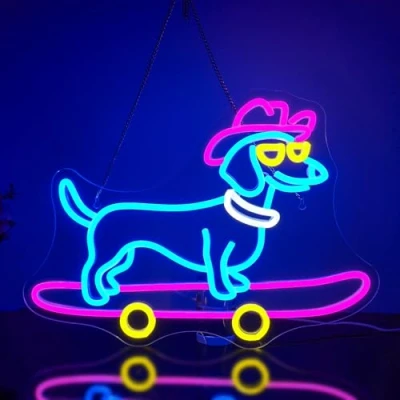 Abbildung von Looklight Skateboard Hunde Neonschild Dackel Neonschilder LED Schilder dimmbarem Schalter niedlicher Welpe mit Cowboyhut Neonlichtschilder für Schlafzimmer Tierhandlung Geschenke Hundeliebhaber