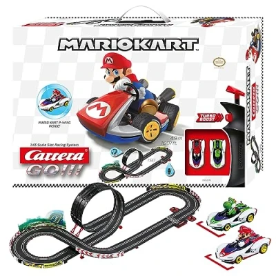 Abbildung von Carrera Go!!! Mario Kart™ P Wing Set Rennbahn mit und Yoshi 2 Slotcars inkl. Handregler Turbo Knopf Actionreiche 4,9 m Strecke Looping, Rundenzähler