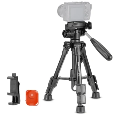 Abbildung von NEEWER Basic Mini Tischstativ für iPhone &amp; Kamera mit 3 Wege Schwenk Neigekopf, Griff Fernbedienung, Videotelefonie 1/4&quot; Platte DSLR , maximale Belastung 13lb, TP02