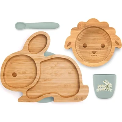 Abbildung von Koko Kids® Bamboo and Silicone Feeding Set Rabbit Suction Plate, Lamb Bowl, Cup Spoon (Grün)