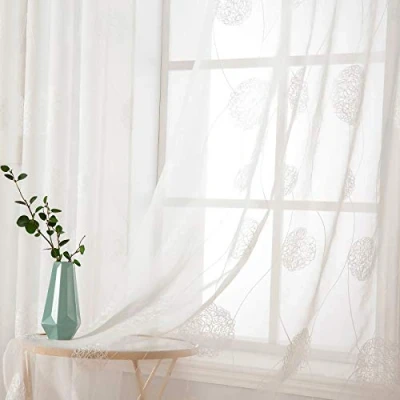 Abbildung von MIULEE Vorhänge mit Florales Stickerei, Gardinen Weiß für Wohnzimmer, Schlafzimmer Vorhang Transparent Ösen, 2er Set Voile Blumen Durchsichtig Vorhänge, Jeder H 225 X B 140cm