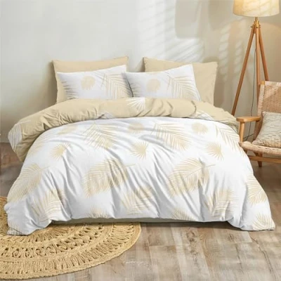 Abbildung von Dreamzie Bettwäsche Set 240 x 260 cm mit 2 Kissenbezügen 65x65 Motiv Tropische Palmblätter Beige und Weiß Erwachsene aus 100% Mikrofaser Zertifiziert Oeko TEX