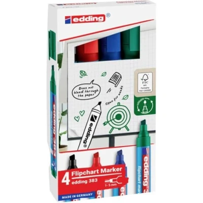 Abbildung von edding 383 Flipchart Marker 4er Set schwarz, rot, blau, grün Keilspitze 1 5 mm Stift zum Schreiben, Zeichnen und Markieren auf Flipcharts Tinte schlägt nicht durch Papier trocknet aus