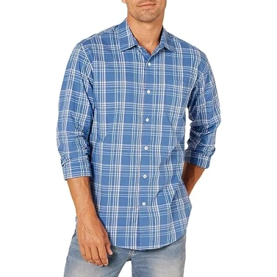 Abbildung von Amazon Essentials Herren Lässiges langärmeliges Popeline Hemd Normale Passform, Aquablau Karomuster, XL
