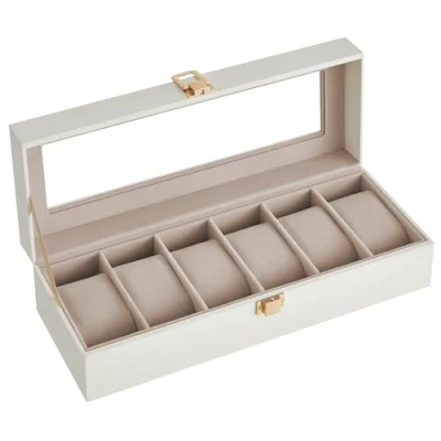 Abbildung von SONGMICS Uhrenbox mit 6 Fächern, Uhrenbox, Schatulle, Deckel aus Glas, abnehmbare Polster, Schloss Metall, Beschichtung in Wolkenweiß und Futter Cappuccino Beige, JWB006W01