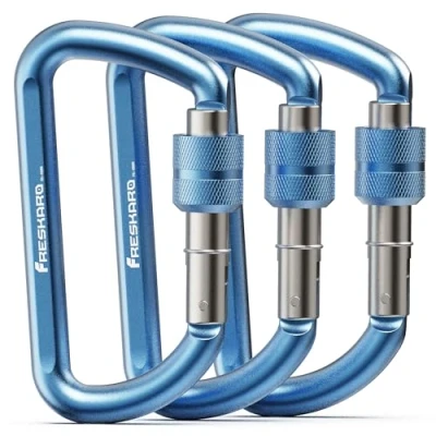 Abbildung von FresKaro Karabinerhaken, Karabina Schraubverschluss, Carabiner Schlüsselanhänger, Schraubkarabiner, Schloss, 12kN 1224kg, Aluminium, Ultraleicht, Belastbar, für Schlüssel, Hundeleine, Blau, 3 Stück