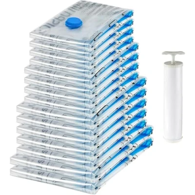 Abbildung von Amazon Basics Vakuumbeutel für Kleidung mit Luftdichtem Ventil und Handpumpe 2 x Jumbo, 5 4 Groß, Mittelgroß, 15er Pack, Reißverschluss, Transparent