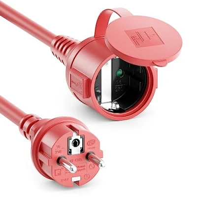 Abbildung von deleyCON 2m Outdoor Verlängerungskabel Stromkabel IP44 Witterungsbeständiges Gummi Strom Kabel für Außenbereich Schutzkontakt Stecker Typ F (CEE 7/4) auf Buchse 7/3) Rot