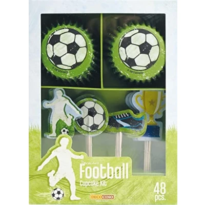 Abbildung von DECOCINO Muffin Set Football 48 tlg. 24 Cupcake Förmchen mit Ø 5 cm &amp; Topper aus Papier, ideale Deko für Kindergeburtstage Motto Partys