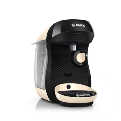 Abbildung von Bosch Tassimo happy friendly Kapselmaschine TAS107E, über 70 Getränke, geeignet für alle Tassen, Abschaltautomatik, nachhaltig, perfekt dosiert, platzsparend, 1400 W, creme/schwarz