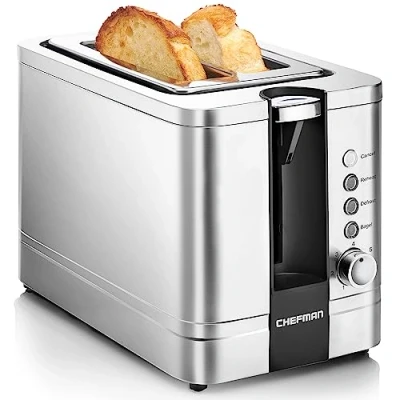 Abbildung von Chefman Edelstahl Toaster für 2 Scheiben mit 7 Bräunungseinstellungen, extrabreiten Schlitzen Bagels, Funktionen Auftauen/Aufwärmen/Stopp, herausnehmbare Krümelschublade, 925W, 240V, Silber