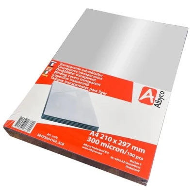 Abbildung von Albyco Klarsicht Deckblatt, PVC Deckblätter, Einbanddeckel, Klarsichtfolien,Transparent Schützeblätter, A4 Glanz, 300 Micron (100 Stück)