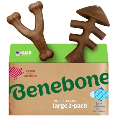 Abbildung von Benebone 2 Pack Indestructible Fishbone/Wishbone Dog Chew Toys, Long Lasting Tough Boredom Breaker For Dogs, Real Salmon and Bacon Flavour, Large Made in USA