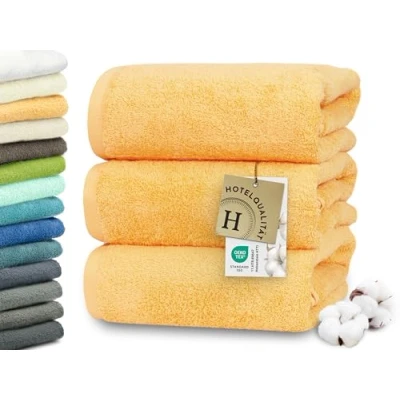 Abbildung von ZOLLNER 3er Set Duschtücher in 70x140 cm besonders weiche und saugstarke Handtücher gelb mit praktischem Aufhänger waschbar bis 95C Baumwolle Hotelqualität