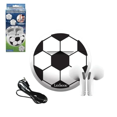 Abbildung von Lexibook, Fußball, Kabellose Stereo Ohrhörer, Hohe Klangqualität, Integriertes Mikrofon, Touch Steuerung, Ladebox, Lautstärke auf 85 dB begrenzt, Weiß/Schwarz, HPBT05FO