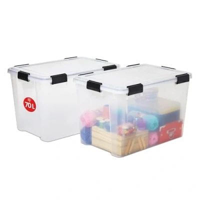 Abbildung von Iris Ohyama Luftdichte Kunststoff Aufbewahrungsboxen mit Deckel, 70L, 2er Set, Transparent, Hermetischer wasserdichter Verschluss, Robuste Schnappverschlüsse, Stapelbar, Staubschutz, BPA frei, AT LD