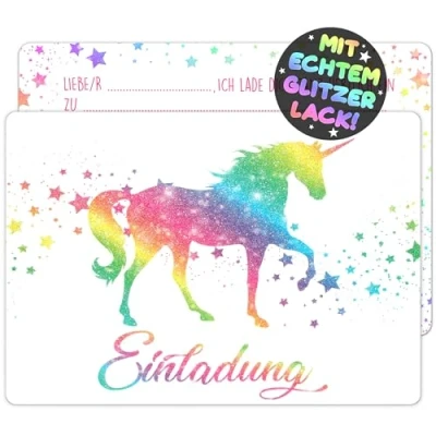 Abbildung von VULAVA 12x GLITZER Einhorn EINLADUNGSKARTEN KINDERGEBURTSTAG Mädchen Junge die Regenbogen PARTY Karten sind Einladung für Jungen Kinder GEBURTSTAG Pferde UNICORN