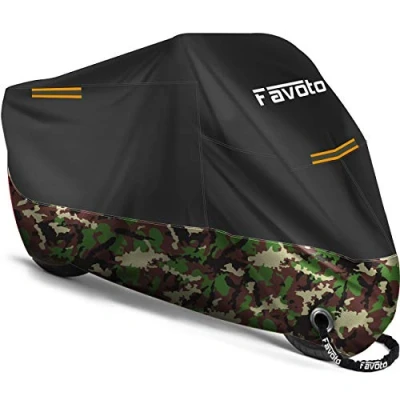 Abbildung von Favoto Verbesserte Version Motorradabdeckung Wasserabweisend Motorrad Abdeckplane Outdoor Motorradgarage Motorroller Abdeckung Winterfest mit 2 Gürtelschnalle Schwarz Rot XXL 245cmx105cmx125cm