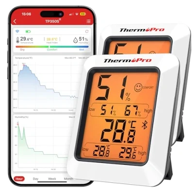 Abbildung von ThermoPro Thermometer Hygrometer 80m Bluetooth Raumthermometer Innen Temperatur und Luftfeuchtigkeitsmesser mit APP Datenexport für Innenraum, Büro, Weinkeller, Gewächshaus TP350 2 Stücke