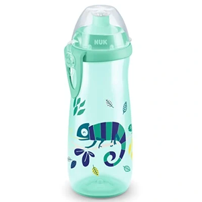 Abbildung von NUK Sports Cup Kinder Trinkflasche mit Chamäleon Effekt 24+ Monate Farbwechsel auslaufsichere Push Pull Trinktülle Clip &amp; Schutzkappe BPA frei 450 ml (grün)