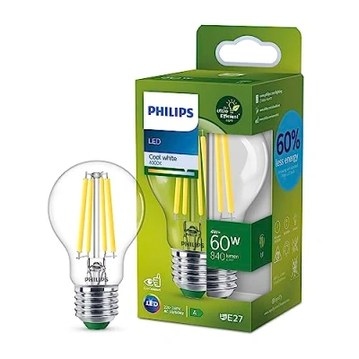Abbildung von Philips LED Classic ultraeffiziente E27 Lampe, mit Energieeffizienzklasse A, ersetzt 60W, klar, kaltweiß