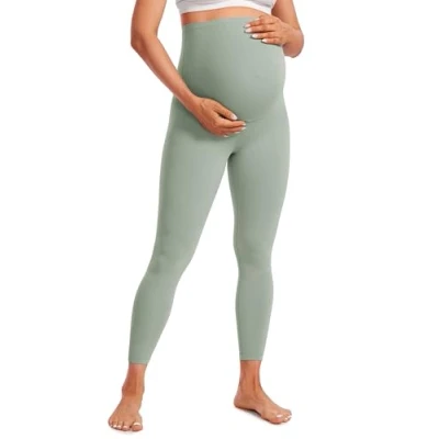 Abbildung von CRZ Yoga Damen Butterluxe Umstandsleggings 64cm Skinny Umstandshose High Waist Schwangerschaft Leggins Grüner Palmenhof 38