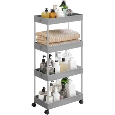 Abbildung von SONGMICS Rollwagen, Küchenwagen mit 4 Ebenen, Küchenregal, Nischenregal, 6 Haken, 360 drehbare Räder, arretierbar, Stahlgestell, Bad, Küche, Büro, grau KSC010G01