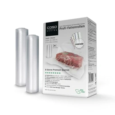 Abbildung von CASO Profi Folienrollen 25x600 cm / 2 Rollen, für alle Vakuumierer, BPA frei, sehr stark &amp; reißfest ca. 150µm, aromadicht, kochfest, Sous Vide, wiederverwendbar, inkl. Food Manager Sticker