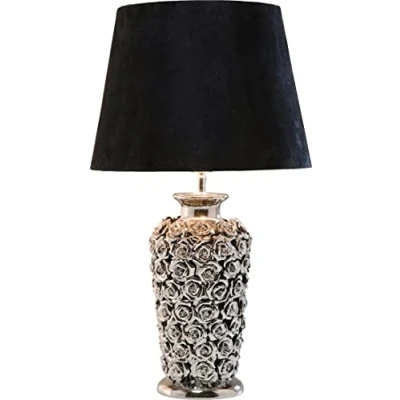 Abbildung von Kare Design Tischlampe Rose Silber/Schwarz, Tischleuchte, Keramik Fuß mit Rosenblüten, Deko Leuchte, Schreibtischlampe, Leuchtmittel nicht inklusive, 59x34x34cm (H/B/T)