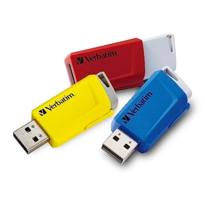 Abbildung von Verbatim Store &#039;n&#039; Click USB Stick 3x, 3.2 Gen 1, 16GB, Speicherstick mit Verriegelungsmechanismus, 3, externer Speicher für Laptop Notebook &amp; Co, bis 5 Gbit/s, rot blau gelb