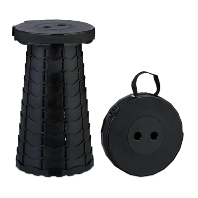 Abbildung von Relaxdays Teleskophocker, faltbar, Tragegurt, Outdoor, höhenverstellbarer Campinghocker, HBT 44,5 x 25 cm, Schwarz