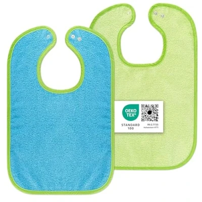 Abbildung von Wörner Baby Lätzchen 2er Set 2x Kinderlätzchen mit Druckknopf / 100% Baumwolle, OEKO TEX® Standard 100, größenverstellbar, sehr saugfähig Blau Grün