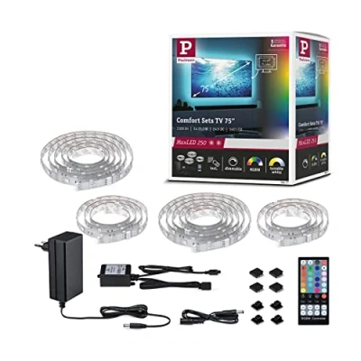 Abbildung von Paulmann 78877 MaxLED 250 LED Strip TV Comfort Basisset 75 Zoll 5,1m 25,5W 230lm/m 28LEDs/m RGBW+ 36VA dimmbar, Silber