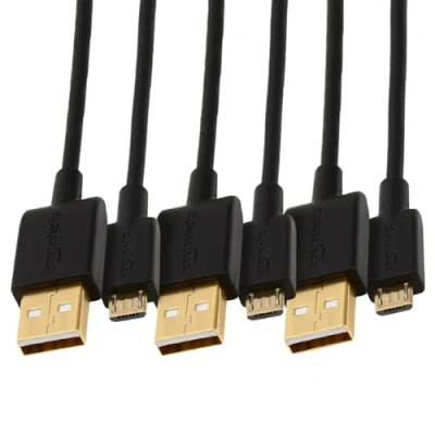 Abbildung von Amazon Basics USB A auf Micro 2.0 Kabel, 480 Mbit/s Übertragungsgeschwindigkeit, mit vergoldeten Steckern, 3 Stück, 0.9 m, Schwarz