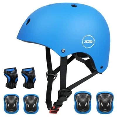 Abbildung von XJD Fahrradhelm Kinder Schoner Set(7er) Helm mit Knie &amp; Ellenbogen Handgelenkschützer Verstellbarer Schutz Jugend Skaterhelm für 3 13 Jahre Alt (Blau Set, S: 51 54 cm)