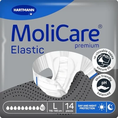 Abbildung von MoliCare Premium Elastic Slip: bei schwerster Inkontinenz für Frauen und Männer; 10 Tropfen, Gr. L (115 145 cm Hüftumfang), 14 Stück