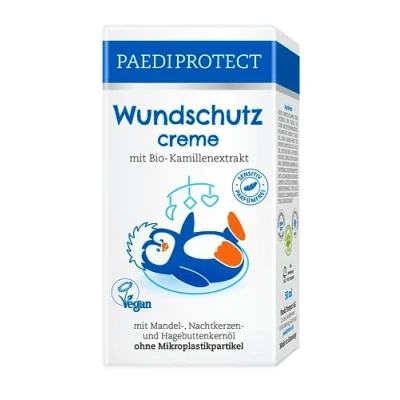Abbildung von PAEDIPROTECT Wundschutzcreme Baby 50 ml, Wundsalbe ohne Parfüm &amp; Silikone, vegane Babycreme Schutz für empfindliche Babyhaut im Windelbereich, Bio Kamille Heilsalbe Pflege hilft bei Rötungen