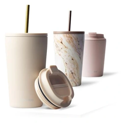 Abbildung von MAMEIDO Thermobecher mit Strohhalm 470ml &amp; 700ml Trinkbecher Deckel und aus Edelstahl doppelwandig isoliert, auslaufsicher Coffee to go Becher (Ivory Beige, 0,47l)