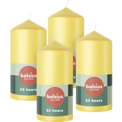 Abbildung von Bolsius Glatte Stumpenkerzen Gelb 4 Stück 12 x 6 cm Dekorative Haushaltkerzen Länge Brenndauer 33 Stunden Unparfümierte Enthält Natürliches Pflanzenwachs Ohne Palmöl